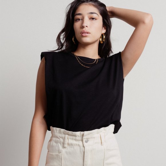 SHRUG IT OFF BLACK PADDED SHOULDER TEE - Picture 1 of 3